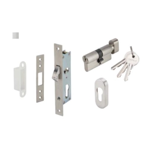 ชุดตลับกุญแจ ระบบมอร์ทิสล็อค พร้อมอุปกรณ์ล็อคเฟรมแคบ (ประตูทางเข้า) สีสแตนเลสด้าน HAFELE 499.65.014
