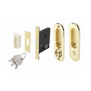 มือจับประตูซิงค์อัลลอยด์ พร้อมอุปกรณ์ล็อคประตูบานเลื่อน (ประตูทางเข้า) สีทองเหลืองเงา HAFELE 499.65.090